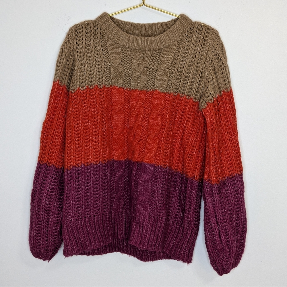 Vero Moda Medium Tan, Red & Magenta Striped Open Knit Cozy‎ Pullover Sweater